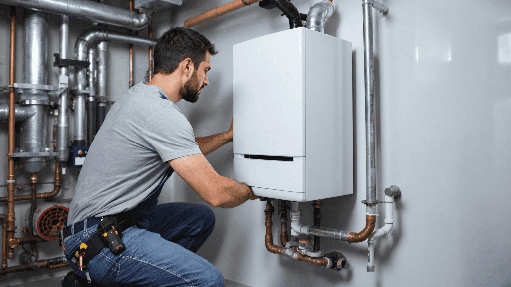 hvac technician completing a boiler replacement