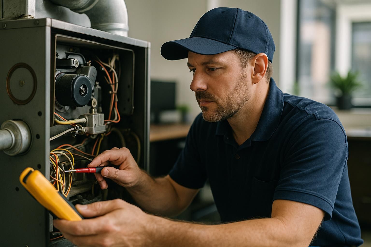 Technician in uniform adjusts furnace controls in a bright basement, delivering heating furnace repair service